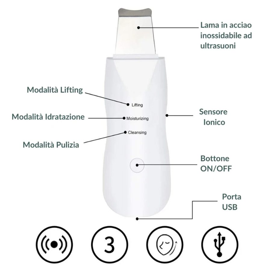 Spatola Sonic Skin Scrubber per pulizia del viso 3 funzioni Rimozione di punti neri Estrattore di brufoli Raschietto Detergente per pori